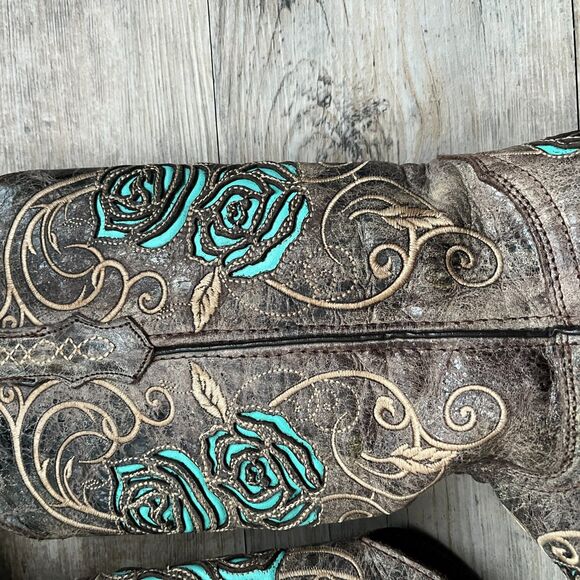 Soto Boots Women's Cowgirl Boot Turquoise Rose Inlayed Western Size 8 Brown Blue - Picture 11 of 11